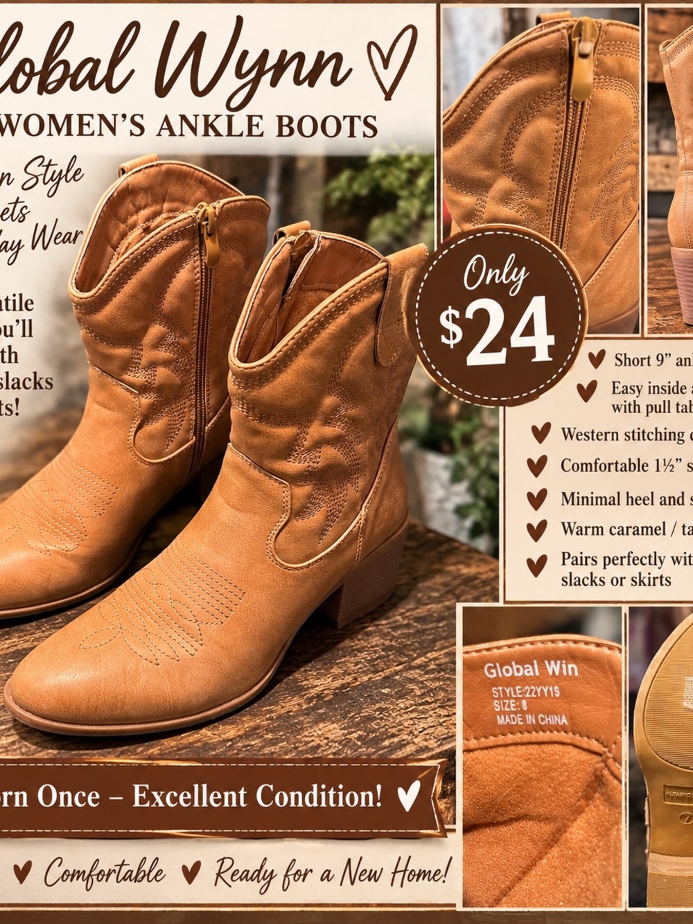 Global Win Women’s Tan Western 9in Ankle Boots-Stylish Cowboy Heel